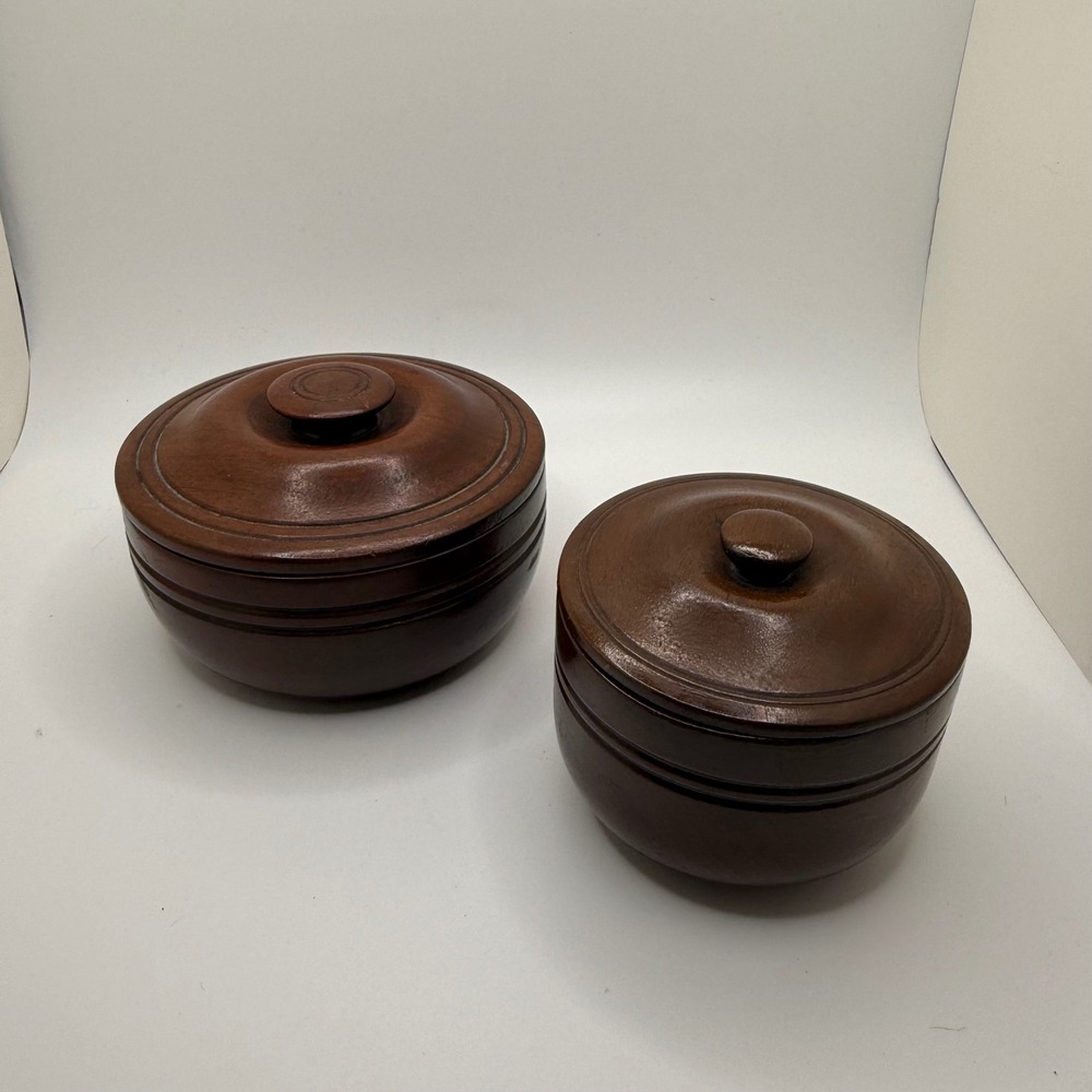 Vintage Hand Turned Wood Lidded Trinket Bowls Set of 2 Dark Brown Ribbed Design